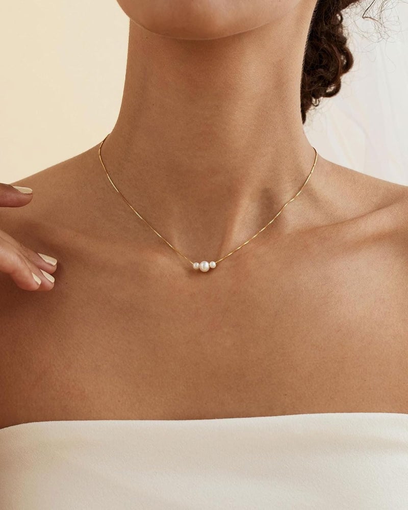 VRIUA Pearl Necklaces for Women - 14k Gold Plated Dainty Pearl Necklace with CZ Diamond Minimalist Wedding Bridal Jewelry Gift for Her - Image 5